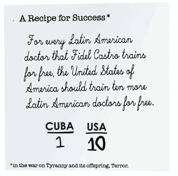 A Recipe for Success (in the war on Tyranny and its offspring, Terror). For every Latin American doctor that Fidel Castro trains for free, the United States of America should train ten latin American doctors for free.