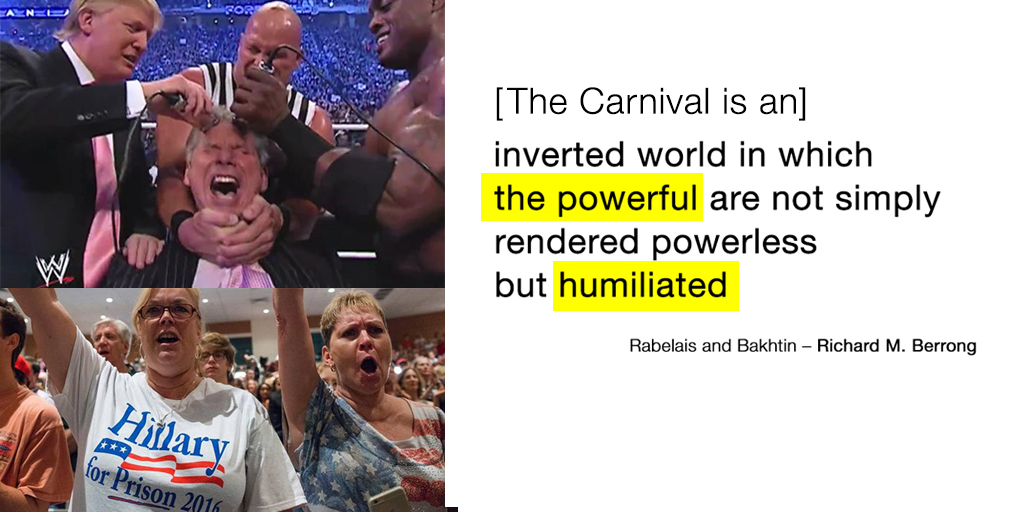 [The Carnival is an] inverted world in which the powerful are not simply rendered powerless but humiliated.
